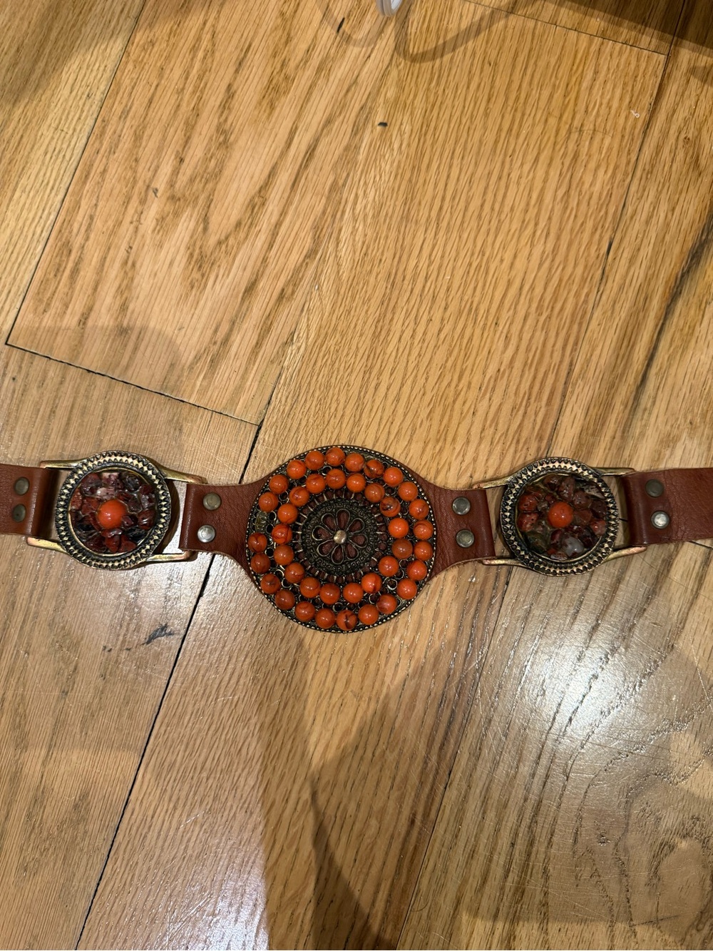 Brown Leather Belt with Orange Beaded Medallions